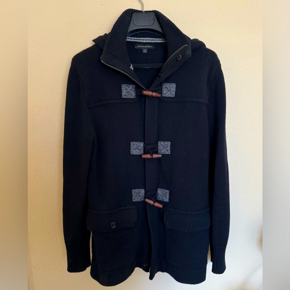 Banana Republic Men's M black Merino blend zip hoodie sweater w/ Toggle Buttons